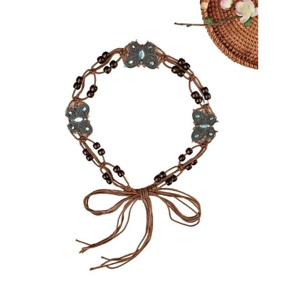Boho Butterfly Rhinestone Blue Turquoise And Brown Beaded Woven Soft Tie Belt - Picture 9 of 12